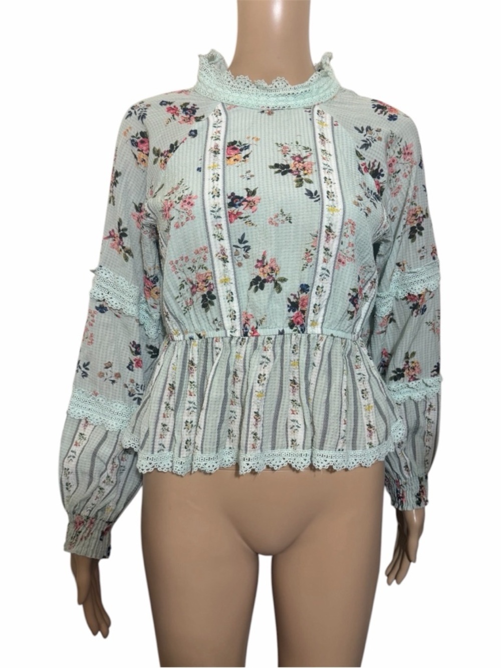 Hemant & Nandita Mint Floral Lace Trim Peplum Blouse Top